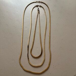 Set of 3 Vintage Gold-Tone Herringbone 3mm Chain Layering Necklaces